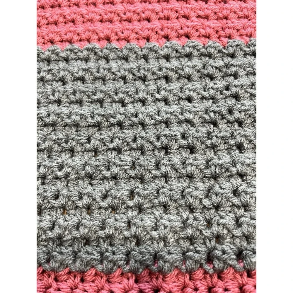 Handmade Crochet Striped Afghan Blanket Pink Gray 45x40 Cozy Cottagecore